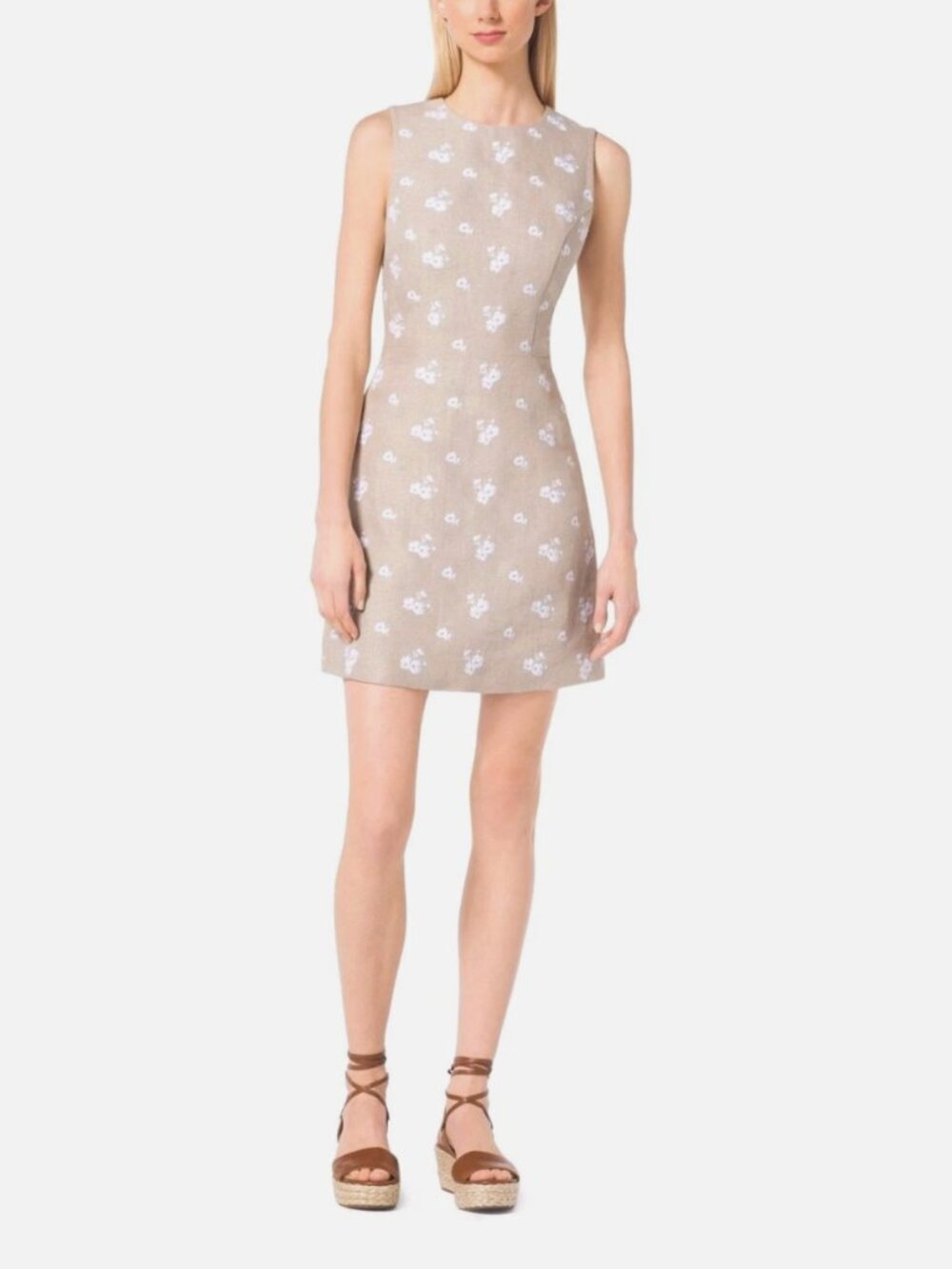 Michael Kors Linen Floral Embroider Mini Sleeveless Sheath Dress Tan White sz 2 - Picture 7 of 8